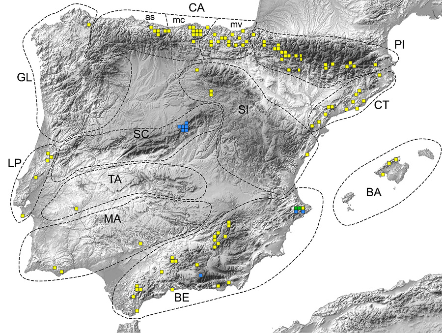 . Mapa de las cuadrículas UTM de 10x10 km en las que hay registros milpiés subterráneos en la península ibérica e islas baleares