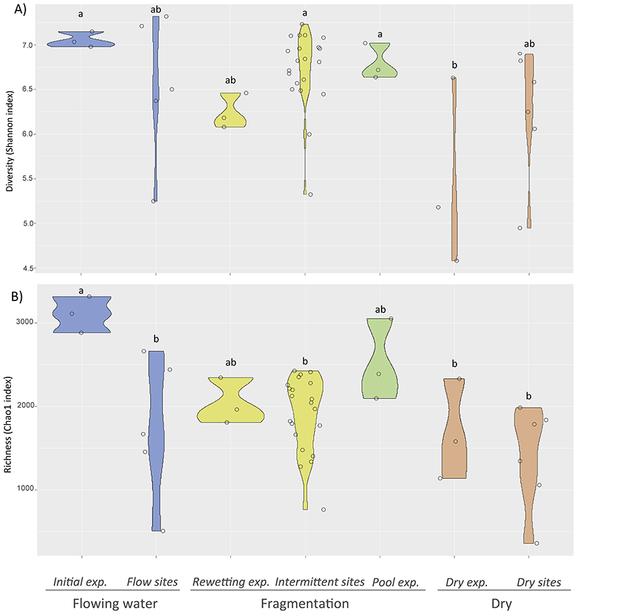 Box plots of bacterial diversity indices from streambed sediments: 