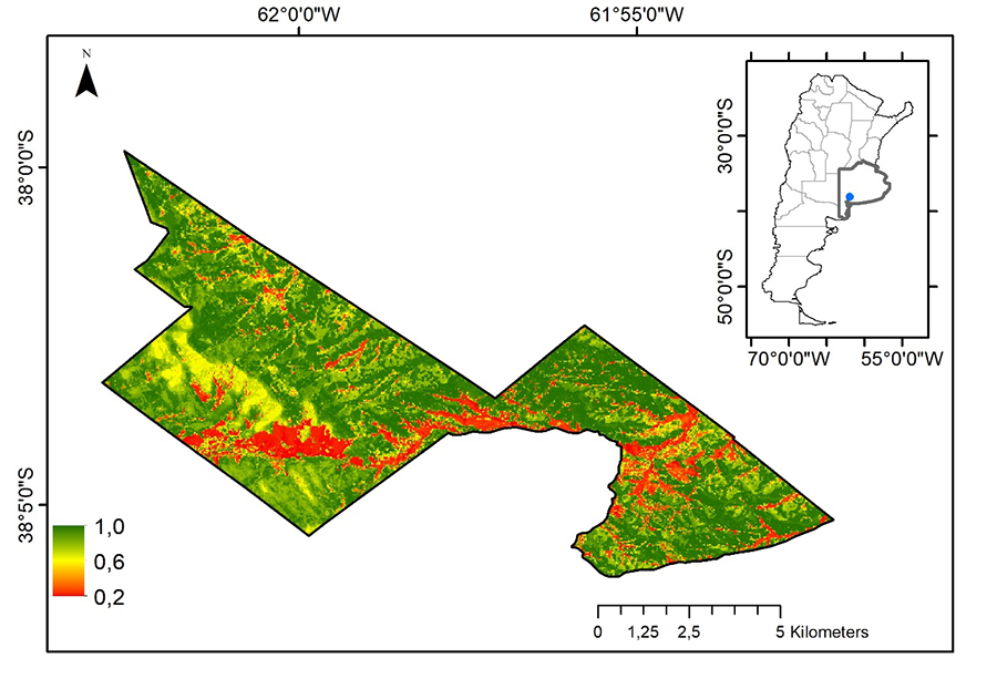 Modelo de distribución de especies para L. mirabilis con valores expresados en probabilidades para el Parque Provincial E. Tornquist (Buenos Aires, Argentina)