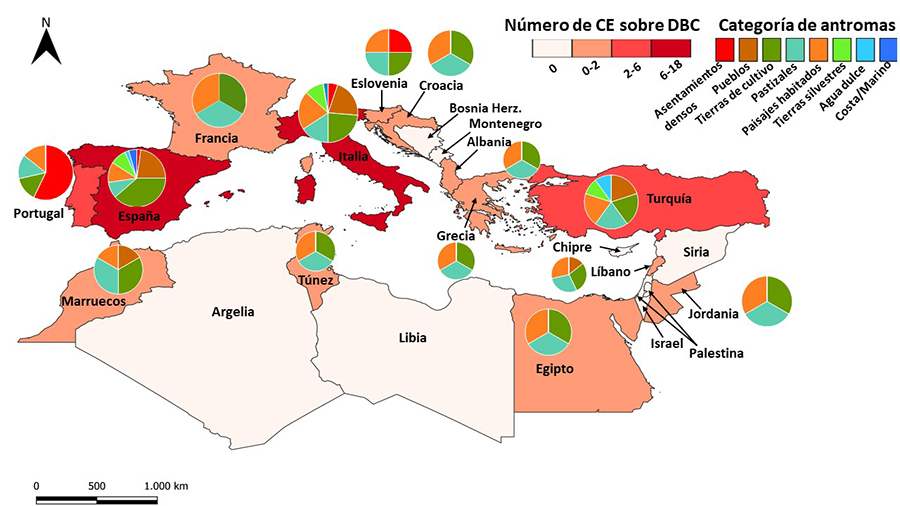 Distribución
geográfica de los casos de estudio (CE) revisados que estudian la diversidad
biocultural (DBC) en la cuenca del Mediterráneo, incluyendo los diferentes
antromas presentes en sus paisajes