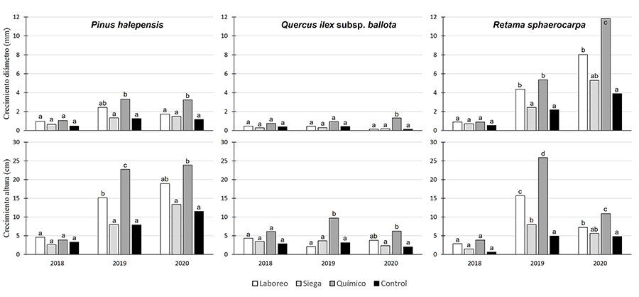 Crecimiento anual en diámetro (mm) y altura (cm) de las plantas forestales en función de la edad y de la técnica de control. Para cada especie y año, letras diferentes entre tratamientos indican diferencias significativas (P < 0.05)