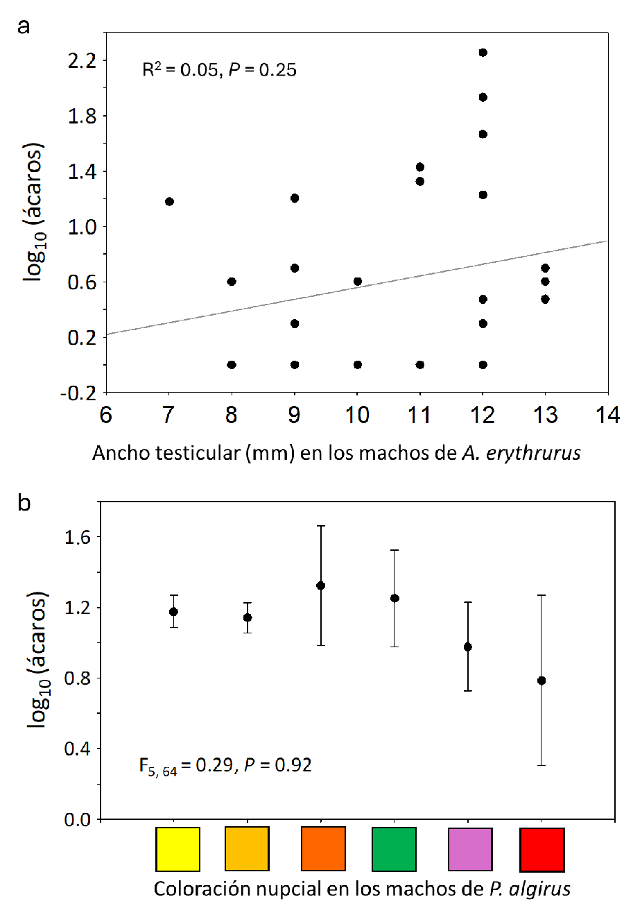 Relación del número de ácaros con (a) el ancho testicular en A. erythrurus y con (b) el grupo de coloración nupcial en los que fueron clasificados los machos de P. algirus en función de la superficie pigmentada (de menor a mayor superficie pigmentada de izquierda a derecha
