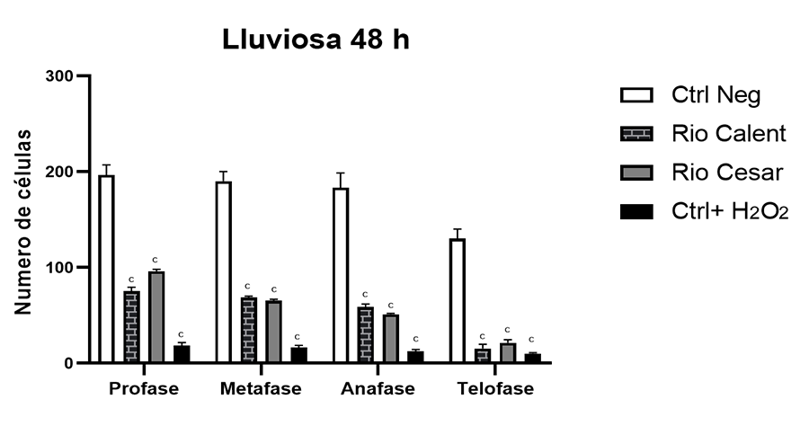 Número de células de A. cepa en época de lluvia 48 h en las diferentes fases de la mitosis, profase, metafase, anafase y telofase, resultado de la exposición al agua de diferentes sitios colectados en la época lluviosa (periodo de exposición: 48 h). Resultados presentados como media ± desviación estándar. cSignificativo p < 0.001 en relación con el control negativo; ANOVA, post hoc de Dunnett. Control negativo = agua; Control positivo = H2O2.