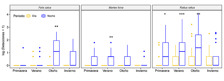 Diagrama de cajas mostrando las interacciones significativas entre Especie, Estación del año y Periodo del día (día o noche)