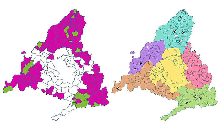  Izquierda: distribución de los muestreos en los municipios rurales de la CAM. Verde: municipios con entrevistas. Morado: municipios con más de 10 000 habitantes. Derecha: distribución de los muestreos en las Regiones Agrarias de la CAM. Azul: Lozoya-Somosierra. Rojo: Campiña. Verde: Las Vegas. Marrón: Sur Occidental. Morado: Guadarrama. Amarillo: Área Metropolitana Elaboración propia