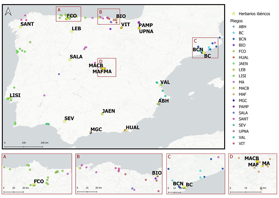 localización de los pliegos de Cortaderia selloana y su herbario de procedencia. Se observa cómo, de forma general, los pliegos se agrupan en torno a su herbario de origen.
