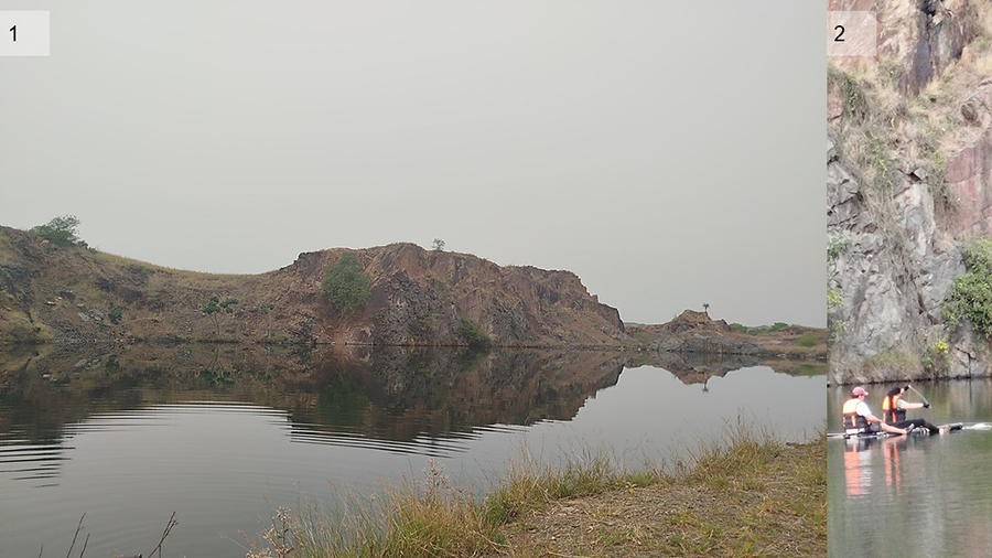 1) Sitio de colecta, espejo de agua de la cantera de Ypacarai – Paraguay (Septiembre/2024). 2) Colecta sobre kayaks, de individuos en fase de medusa de Craspedacusta sowerbii