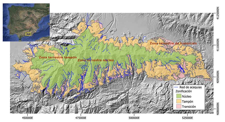 Reserva de la Biosfera de Sierra Nevada (España) y principales acequias tradicionales documentadas.