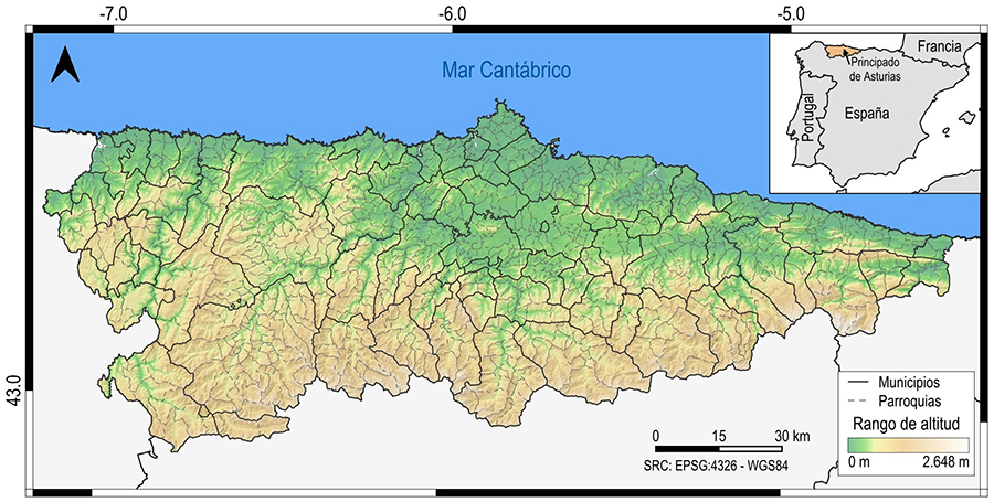  Localización del área de estudio y división según unidades administrativas en municipios y entidades colectivas de población o parroquias.