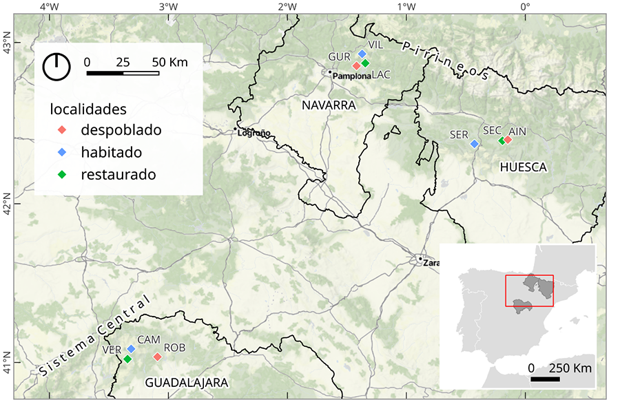 Localización de las 3 áreas de estudio en las provincias de Huesca (SER - Serué, AIN - Aineto y SEC - Secorún), Navarra (VIL - Villanueva de Arce / Heriberri-Artzibar, GUR - Gurpegui y LAC – Lacabe) y Guadalajara (CAM - Campillo de Ranas, VER - La Vereda y ROB - Robredarcas) con indicación de los 3 tipos de núcleos seleccionados. Base cartográfica: IGN, Stamen y OpenStreetMap.