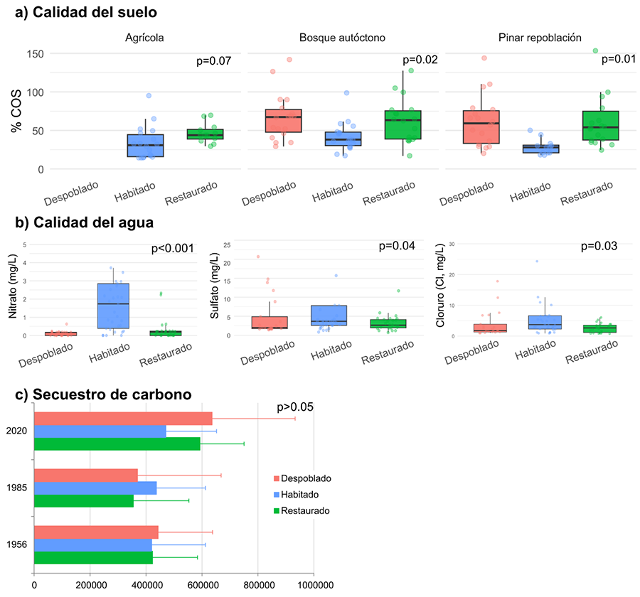  Resultados principales para los servicios de regulación: a) Calidad del suelo (%COS) de 0-20 cm por tipo de localidad y cobertura, diferencias significativas de acuerdo con el test ANOVA (ver Anexo III-A para diferencias por horizonte de suelo), b) Calidad del agua por tipo de núcleo, diferencias significativas de acuerdo con el test Kruskal Wallis y c) Carbono promedio almacenado (kg CO2) por hectárea y tipo de núcleo para los tres períodos analizados. Las diferencias entre tipos de localidades y años no resultaron significativas (ANOVA, p>0.05). La línea horizontal representa la mediana, la caja comprende los valores del rango intercuartil