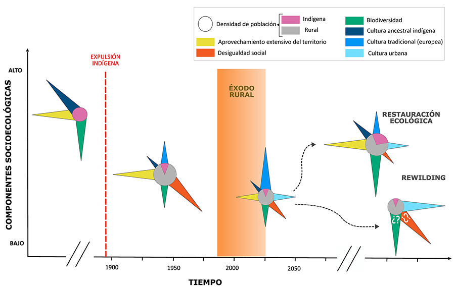 Esquema que muestra los períodos históricos clave en los que se produjeron cambios en la composición y densidad de las poblaciones indígenas y no indígenas de la Patagonia argentina, así como en los principales usos del suelo, la biodiversidad y los componentes culturales. El tamaño de los triángulos corresponde a la reducción o al aumento de los diferentes componentes ilustrados en el diagrama. Se representan las posibles trayectorias futuras de las dos líneas de acción e intervención propuestas: la restauración ecológica y biocultural, y el rewilding.