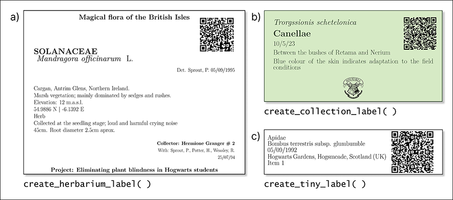 Examples of the outcomes from each label-related function in labeleR. a) Herbarium label: for stored plant vouchers; includes fixed fields (title, subtitle) and variable fields (e.g. taxon, date, coordinates, elevation). The family field is by default capitalized and bold, and species name italic. Size: 4 labels/page. b) Collection label: includes variable fields (first field in italics, second in bold), a customizable logo, font and background and text colors. Size: 8/page. c) Tinylabel: a simplified collection label with five fields. Size: 16/page. All three functions can include an optional QR code