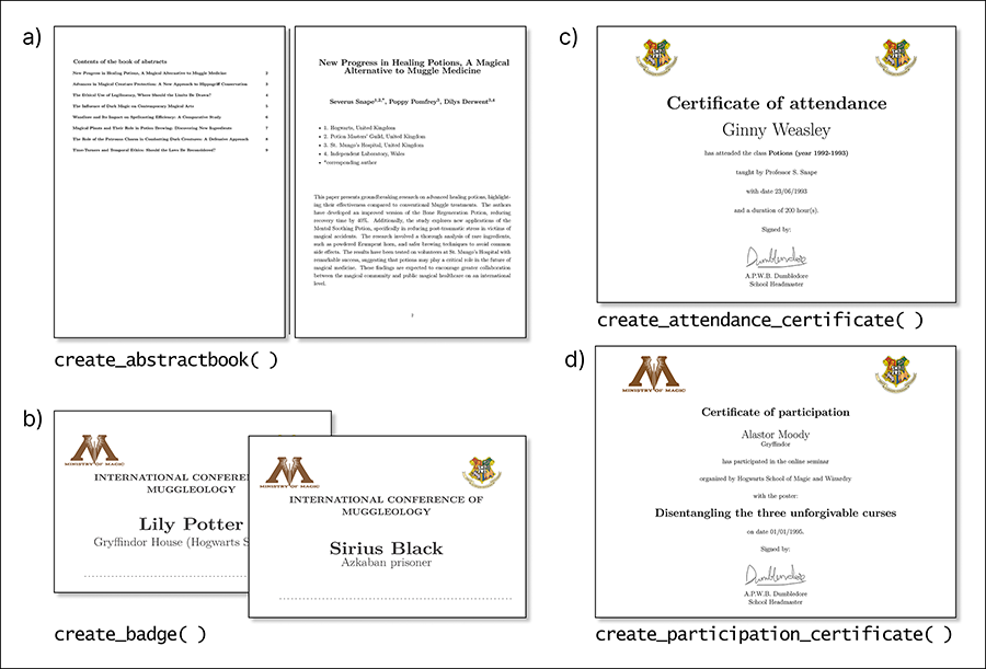 Examples of outcomes from each event-related function in labeleR. a) Abstract book: this function creates a document with pages with the title, authors, affiliations and abstract (variable fields) and can include a table of contents and front page. b) Badges: they include the name and affiliation of each participant, a fixed field for the title, the option to add two images on top, and a dashed line at the bottom for additional hand-written information. c) Attendance certificate: attendee name is a variable field, while event name, signer, and date are fixed fields. d) Participation certificate: includes the participant name, affiliation and title of the communication, plus several fixed fields. Both certificate functions allow two images on top, a signature at the bottom, and offer Spanish and English templates. 