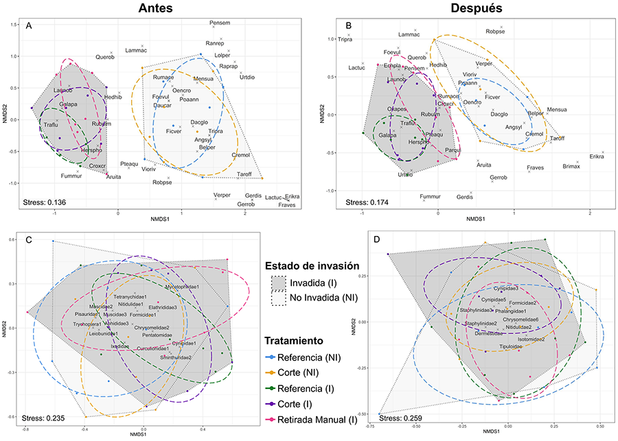 Escalado multidimensional no métrico (NMDS) en representación de las comunidades de plantas y artrópodos antes y después de la aplicación de los tratamientos de control. En el caso de la vegetación (A antes y B después), basados en matrices de disimilitud de Jaccard y en el caso de los artrópodos epígeos (C y D) basados en matrices de disimilitud de Bray-Curtis. Las especies vegetales aparecen abreviadas con un código de 6 letras conformado por las tres primeras letras del género al que pertenecen y las tres primeras letras de su epíteto específico (Anexo 4). 