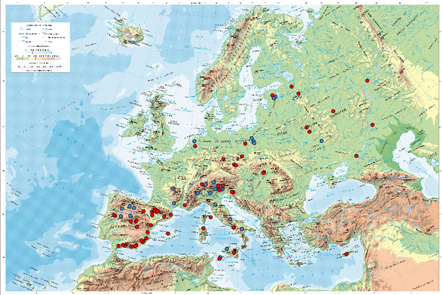 Localización geográfica de los estudios que han analizado la fijación de C en los distintos compartimentos del ecosistema en los nuevos bosques y zonas de matorral desarrollados en tierras agrarias abandonadas en Europa. 