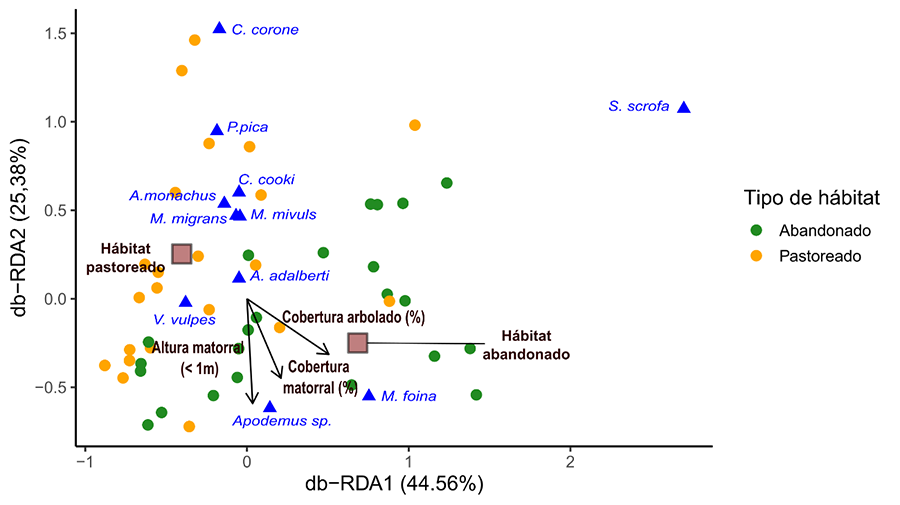 Análisis de Ordenación de Redundancia Basado en Distancias (dbRDA) para explorar los efectos de las características del hábitat sobre la composición de las comunidades de vertebrados necrófagos.