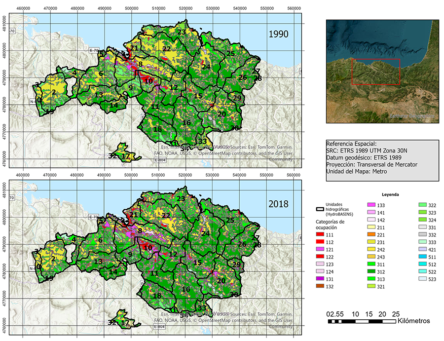 Microcuencas utilizadas en el análisis en la provincia de Bizkaia, delimitadas a partir de las unidades hidrográficas de mayor detalle (nivel 12) del conjunto de datos WWF HydroSHEDS (https://www.hydrosheds.org).