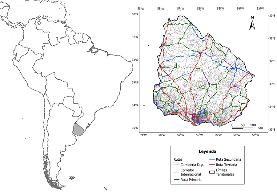 Localización de las principales rutas del área de estudio en Uruguay (en rojo los corredores internacionales, en azul las rutas primarias, en verde rutas secundarias, en violeta las terciarias y en gris la caminería departamental)