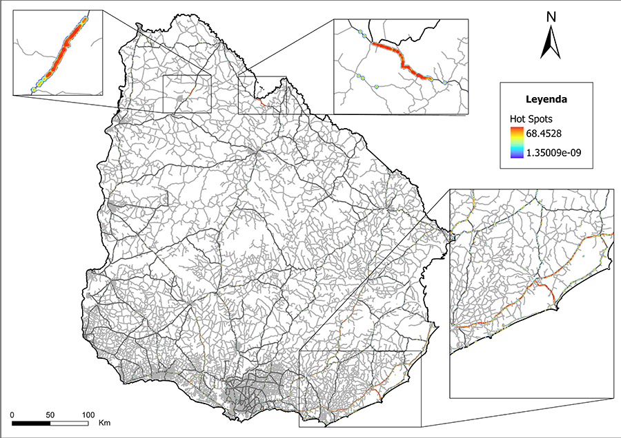 Zonas con mayor densidad de atropellos (Hot Spots) para el área de estudio