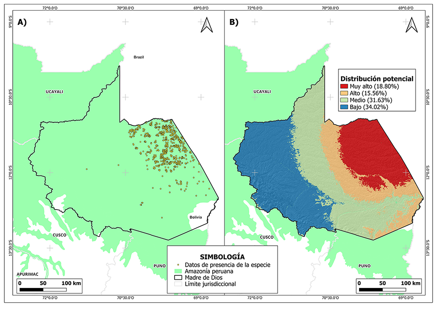 A) Datos de presencia de <i>Amburana cearensis. B) Distribución potencial de Amburana cearensis en la Amazonía sureste peruana (Madre de Dios)