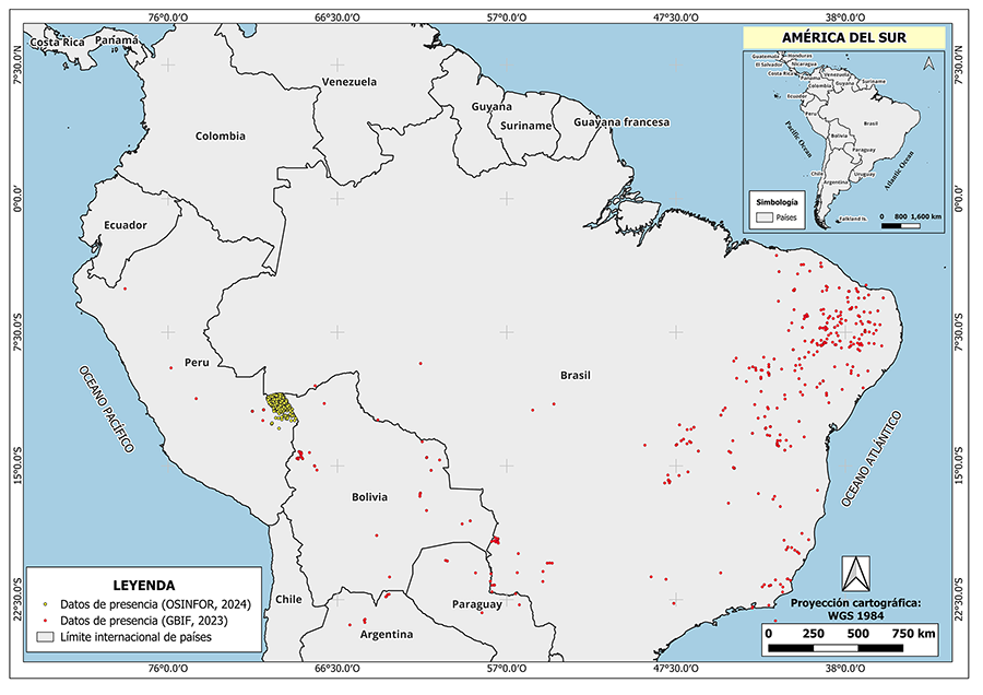 Distribución geográfica de Amburana cearensis en América del Sur